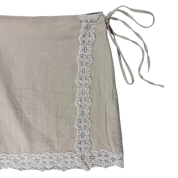 XS Zara Tan Linen Blend Lace Trim Wrap Mini Slip Skirt Boho Summer Cowgirl - Picture 2 of 5